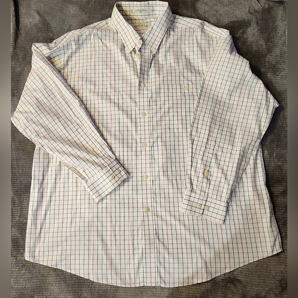 Orvis Mens Button Up Long Sleeves, Sz XXL, Red, Black, Navy Stripes,